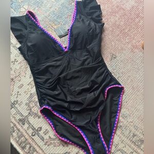 Black One-Piece Swimsuit with Pink & Blue Trim
